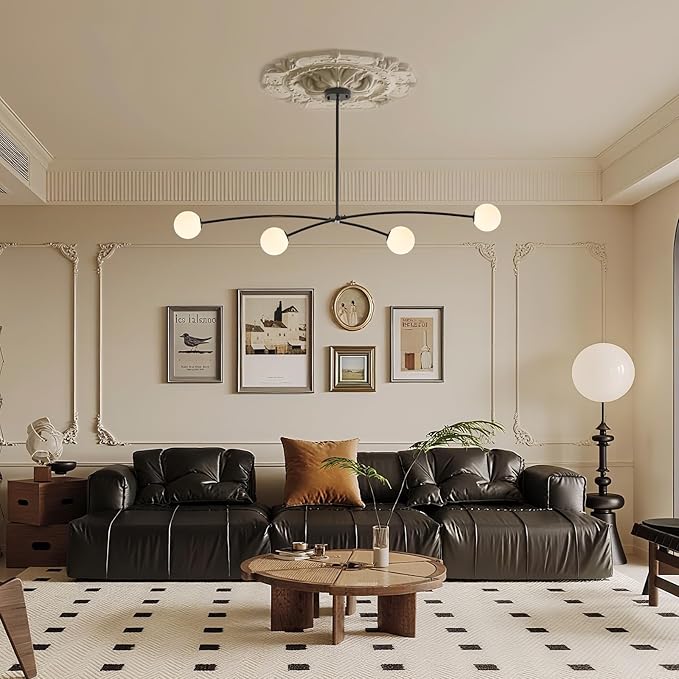 Modern Black Sputnik Chandelier for Dining Room L51” Mid Century Milk Glass Globe Ceiling Pendant Lighting Fixture Contemporary 4 Lights for Kitchen Island Bar Bedroom Home Office
