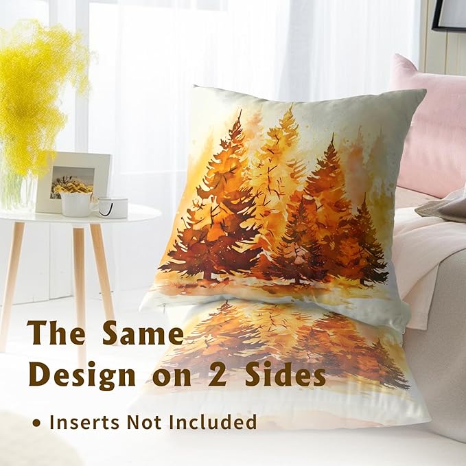 Fall Throw Pillow Covers 20x20 Set of 2, Watercolor Orange Trees Forest Autumn Season Farmhouse Decorative Pillow Cases Cushion Cover for Sofa Couch Bedroom Living Room Home Decor