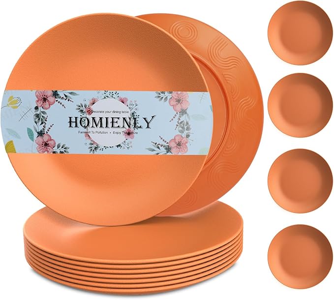 Homienly Flat Dinner Plates Set of 8 Alternative for Plastic Plates Microwave and Dishwasher Safe Wheat Straw Plates for Kitchen Unbreakable Kids Plates(Orange, 10 inch)