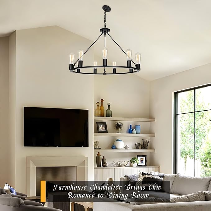 9-Lights Farmhouse Chandelier | Dia 32'' Black Wagon Wheel Chandelier | Rustic Hanging Dining Room Light Fixture | Apply to Living Room | Kitchen Island | Entryway | Foyer