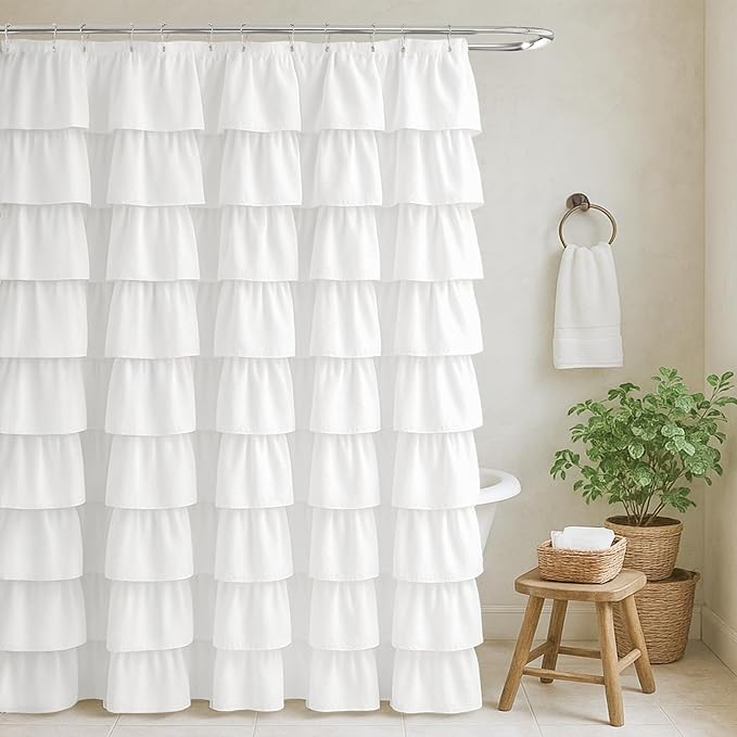 Seasonwood White Ruffle Shower Curtain Farmhouse Vintage Handcrafted Rustic Decorative Fabric Shower Curtains for Bathroom, 72" x 72"