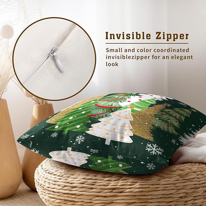 Christmas Throw Pillow Covers 20x20 Set of 2, Gold Green Xmas Trees Decorative Throw Pillows Seasonal Winter Soft Cotton Cushion Case for Sofa Couch Farmhouse Home Decor