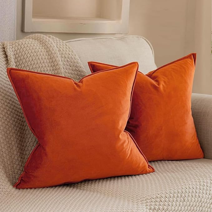 VAKADO Throw Pillow Covers 20x20 Set of 2 Burnt Orange Velvet Decor Decorative Couch Cushion Autumn Fall Euro Pillowcases with Fringe Home Bed Decoration for Sofa Bedroom Office