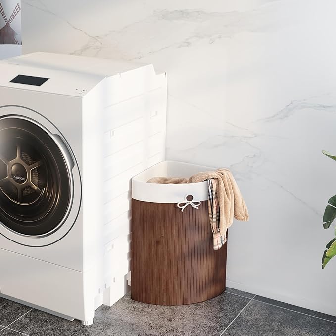 Giantex Corner Laundry Hamper with Lid, 58 L Bamboo Laundry Basket with Removable Liner & Handle, Triangle Clothes Hamper for Small Spaces, Bedroom, Bathroom, Laundry & Living Room (Brown)