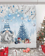 Vandarllin Christmas Gnome Shower Curtain, Winter Merry Christmas Tree Balls Shower Curtains Set with Hooks, Blue Waterproof Fabric Bathroom Curtains Decor Home Accessories, Stall Long 54 X 78 Inch