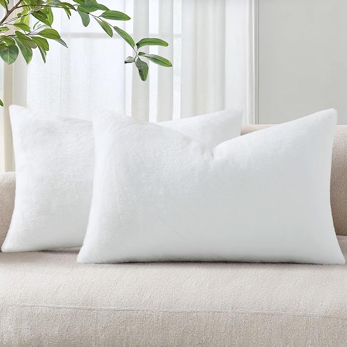 Pallene Faux Fur Plush Lumbar Throw Pillow Covers 12x20 Set of 2, Soft Fluffy Couch Pillow Covers for Living Room, White