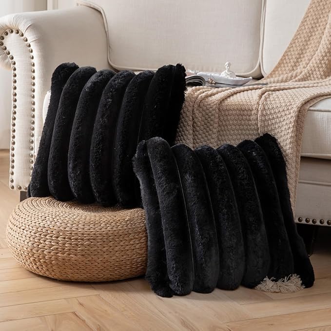 Faux Fur Plush Throw Pillow Covers 20x20 Inch Set of 2 - Luxury Decorative Fuzzy Striped Soft Cozy Pillowcase for Couch, Sofa, Living Room - Black