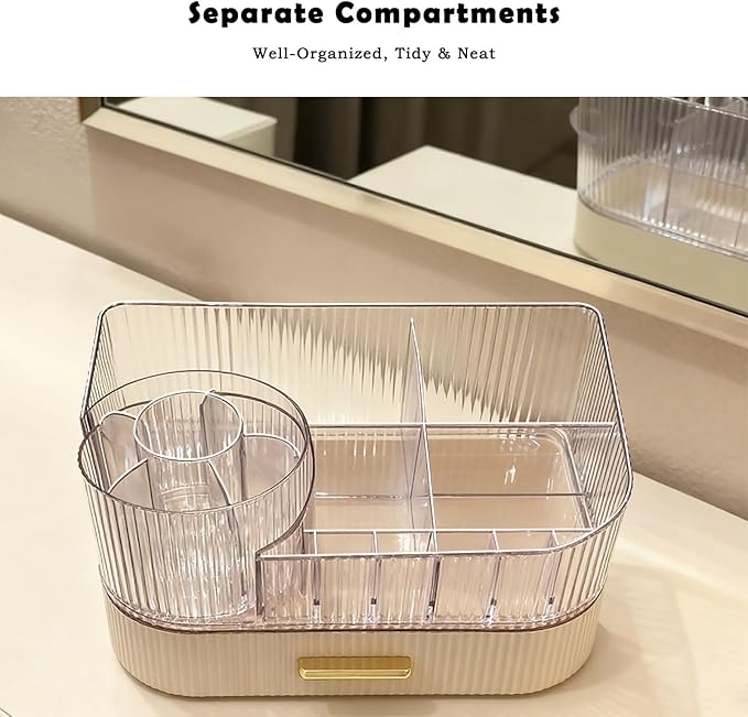 Makeup Organizer for Vanity with Stackable Drawers, 360 Rotating Makeup Brush Holder Large Cosmetic Display Case for Dresser, Bathroom Countertop Skincare Organizers and Storage