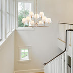 9-Light Gold Chandelier Light Fixture with White Fabric Shades, 33 inch Modern Farmhouse Dining Room Light Fixtures, 2 Tiered Lantern High Ceilings Pendant Light for Foyer Entryway Living Room Kitchen