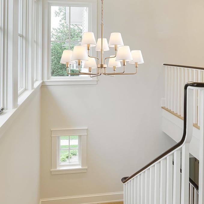 9-Light Gold Chandelier Light Fixture with White Fabric Shades, 33 inch Modern Farmhouse Dining Room Light Fixtures, 2 Tiered Lantern High Ceilings Pendant Light for Foyer Entryway Living Room Kitchen