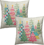 Christmas Tree Throw Pillow Covers 22x22 Inch, Set of 2 Colorful Pink Green Winter Holiday Farmhouse Cotton Square Pillowcases for Sofa Couch Bedroom Living Room Car Home Decor