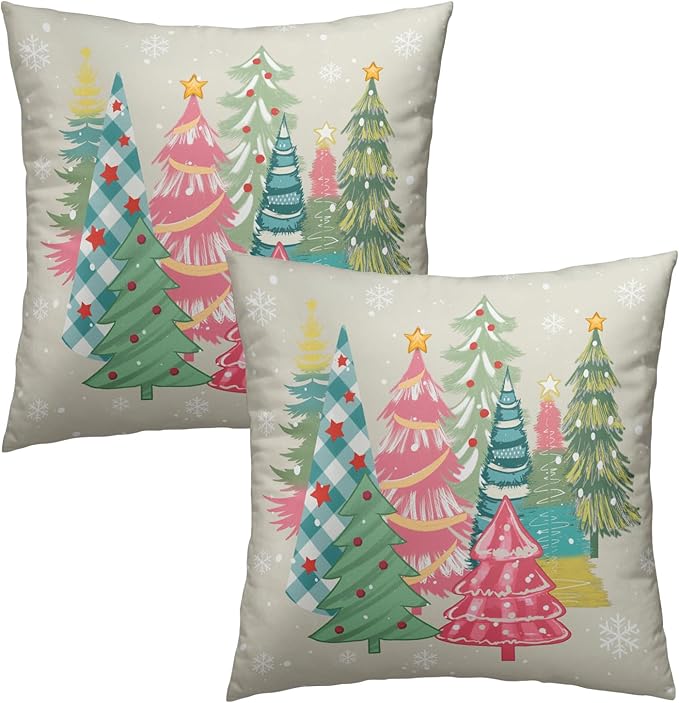 Christmas Tree Throw Pillow Covers 22x22 Inch, Set of 2 Colorful Pink Green Winter Holiday Farmhouse Cotton Square Pillowcases for Sofa Couch Bedroom Living Room Car Home Decor