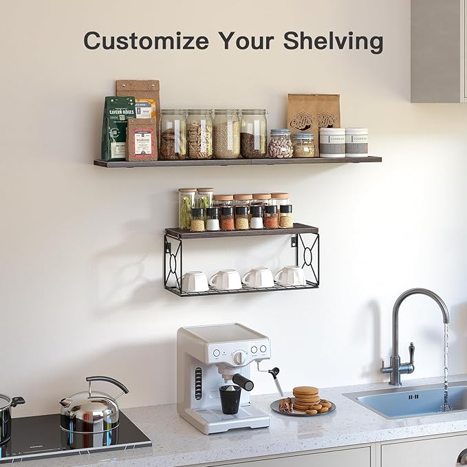 Amada Bathroom Shelves Over Toilet with Storage Basket, Floating Bathroom Wall Shelves for Home Organization & Wall Decor, Bathroom/Kitchen/Living Room Shelves–Rustic Brown