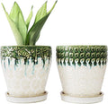 6 Inch Ceramic Planter Pots with Drainage Holes, Saucers and Mesh Pads for Indoor-Outdoor Plants, Succulent Orchid Flower Large Round Plant Pot, Set of 2 (Green+White)