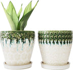 6 Inch Ceramic Planter Pots with Drainage Holes, Saucers and Mesh Pads for Indoor-Outdoor Plants, Succulent Orchid Flower Large Round Plant Pot, Set of 2 (Green+White)