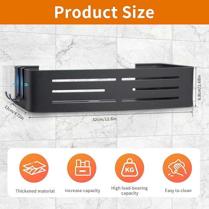 Shower Caddy Shelf Rack, Self Adhesive Shower Shelves with Hooks, Rustproof Bathroom Organizers and Storage, Home Decor Accessories (Rectangle-Black)
