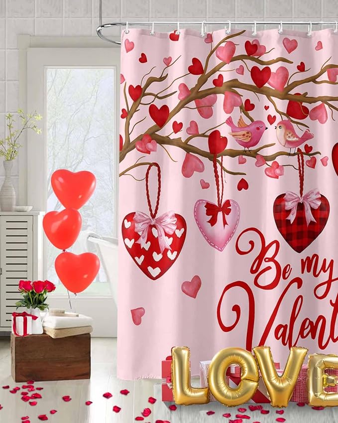 Vandarllin Pink Valentine's Day Shower Curtain, Red Love Heart Tree Shower Curtains Set with Hooks, Be My Valentine Waterproof Fabric Bathroom Curtains Decor Home Accessories,72 X 84 Inch Extra Long