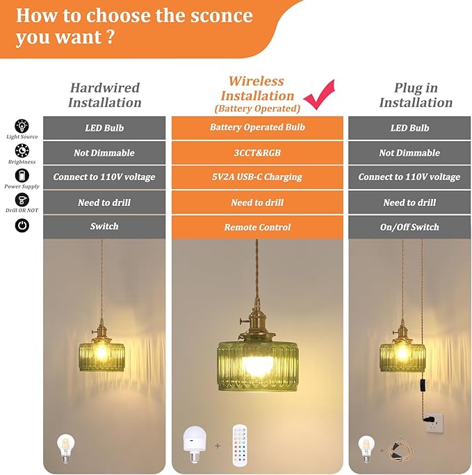 Battery Operated Pendant Light 5000mAh Rechargeable Chandelier with Remote Control Wireless Adjustable Hanging Green Striped Light for Kitchen Island Dining Room Hallway, 2 Pack