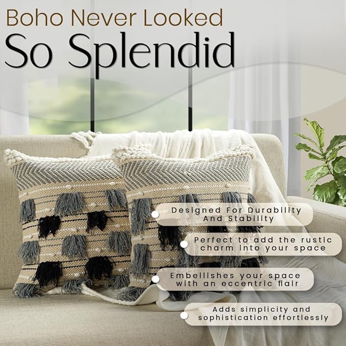 GRUHUM Throw Pillow Covers 18x18 Inch Set of 2 Boho Decorative Handwoven Tufted Cushion Case for Living Room Bedroom Sofa Couch Farmhouse Car Home Decor Cotton Comfy Square Modern 18"x18", Cream/Blue