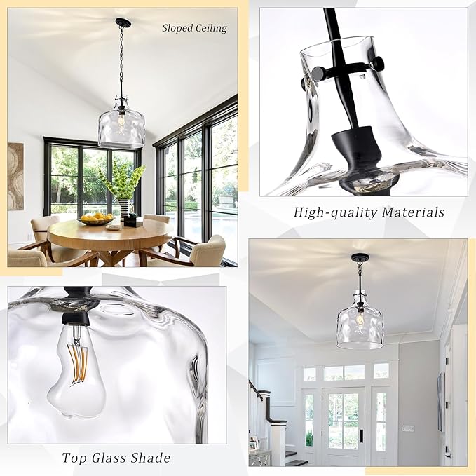 Extra Large 16" Vintage Farmhouse Pendant Light – Hand-Blown Clear Hammered Glass Shade, Adjustable Chain, Hanging Light for Kitchen Island, Dining Room, Hallway, Black Finish