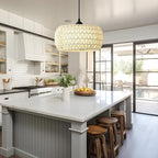 Boho Rattan Chandelier Light Fixture, 1-Lights Farmhouse Pendant Light Hand Woven Chandeliers for Dining Room with Fabric Shade Rustic Chandeliers Hanging Light Fixtures for Kitchen Island