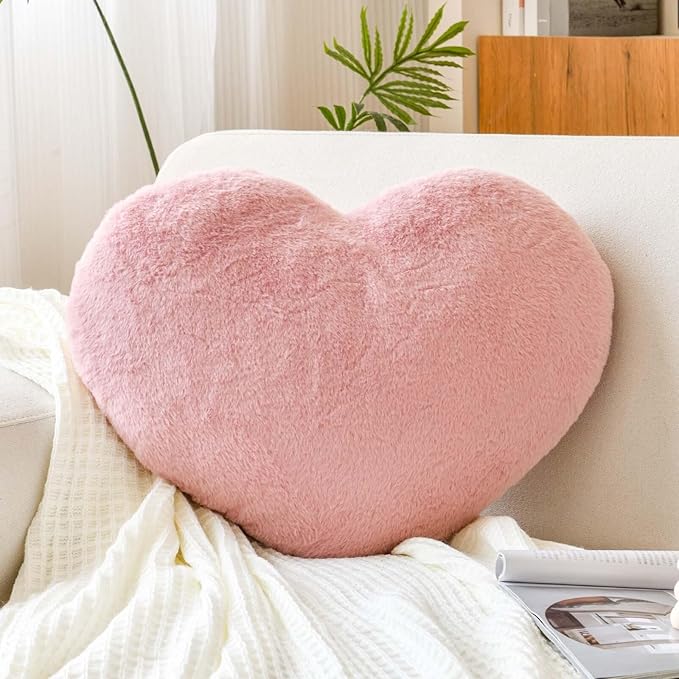 Dusty Pink Heart Pillows, Cute Heart Decorative Pillow, Heart Shaped Throw Pillows for Bed, Faux Rabbit Fur Plush Hoom Decor Pillow Cushion for Chair Sofa Living Room (Large-19.6"x15.7")
