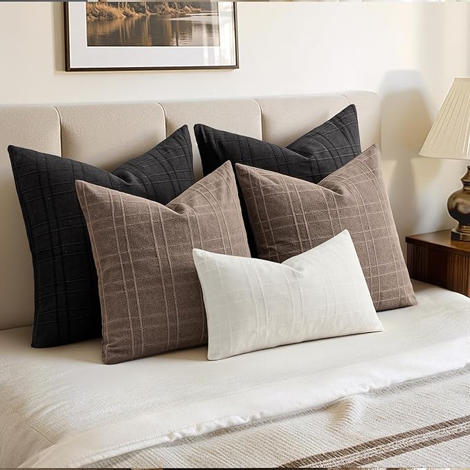 MIULEE Decorative Linen Check Euro Shams Throw Pillow Covers Neutral Farmhouse Vintage Pillow Covers 24x24 Set of 2 Boho Modern Home Decor for Sofa Couch Bedroom Cushion Black