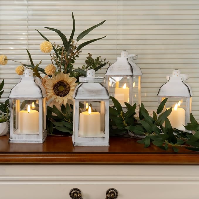 White Vintage Lantern Decorative LED Flickering Flameless Candle with Timer, Battery Powered LED Decorative Hanging Lanterns for Indoor Outdoor Wedding Garden Yard Home Decor(4 Pack)