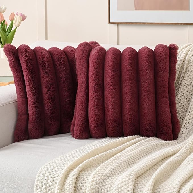 FUTEI Burgundy Decorative Throw Pillow Covers 26x26 Inch Set of 2, Square Soft Faux Rabbit Fur Big Striped Pillow Sham,Home Decor for Couch Sofa Bed Living Room