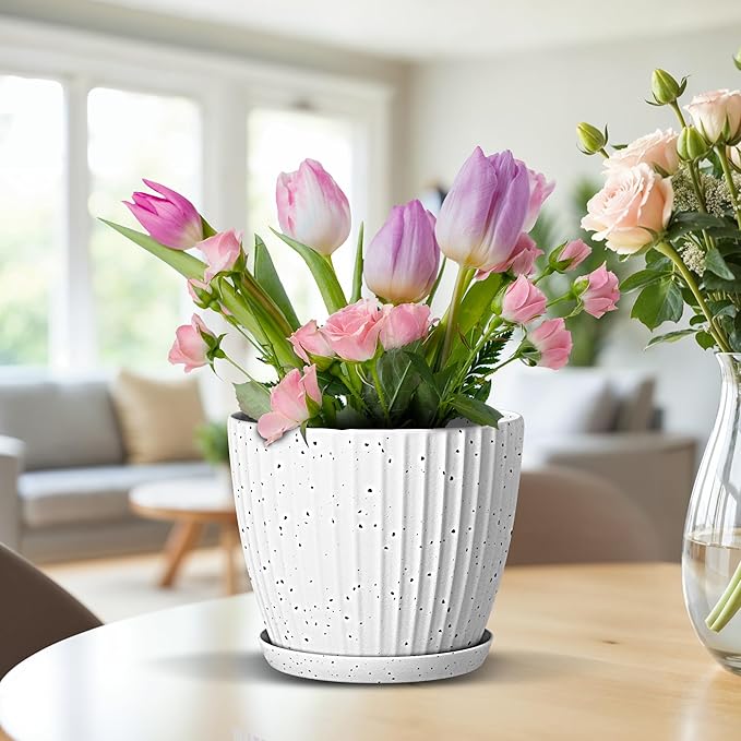 White Gray 6-Inch Plant Pots with Drainage & Saucers 3 Pack, Indoor & Outdoor Planters for Houseplants, Herbs, and Flowers, Durable & Weatherproof Material, Stackable, Lightweight, Minimalist Design