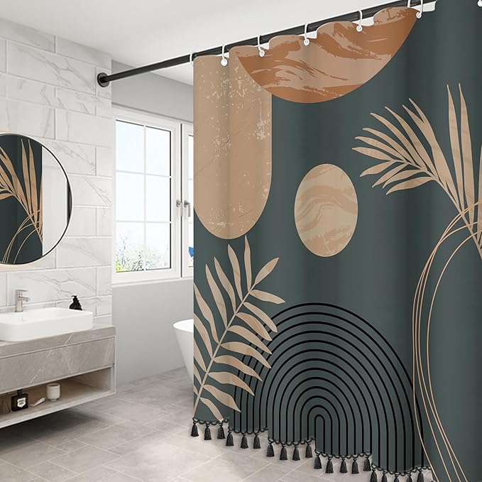 Boho Mid Century Leaf Shower Curtain Set,Arch Sun Design,Minimalistic Leaves Pattern,Waterproof and Luxurious Fabric-12 Hooks(Brown-72" x 72")