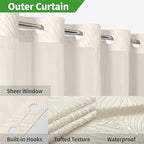 no Hook Shower Curtain and Liner Set，Boho Style with See Through Top Window, Cream Fabric Tufted Striped Textured Outer Curtain & Waterproof Inner Liner, Beige/Cream, 71Wx77H