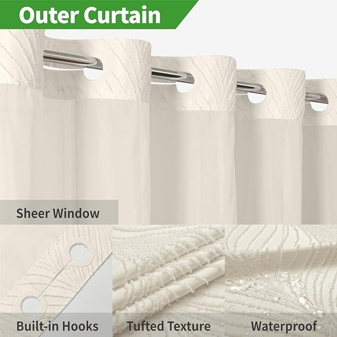 no Hook Shower Curtain and Liner Set，Boho Style with See Through Top Window, Cream Fabric Tufted Striped Textured Outer Curtain & Waterproof Inner Liner, Beige/Cream, 71Wx98H