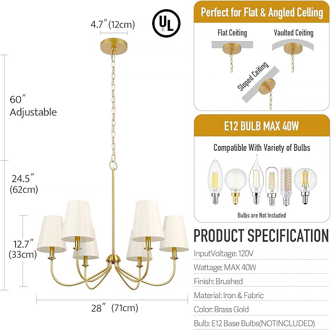 Gold Chandelier, Brushed Brass with Beige Fabric Shade, 6-Light 28" Modern Farmhouse Linear Pendant Lighting Fixture for Kitchen Island