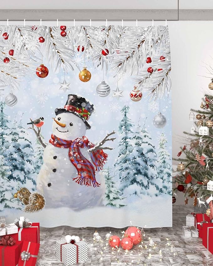 Vandarllin Snowman Shower Curtain, Blue Merry Christmas Tree Red Balls Squirrel Shower Curtains Set with Hooks, Winter Waterproof Fabric Bathroom Curtains Decor Home Accessories,Stall 48 X 72 Inch