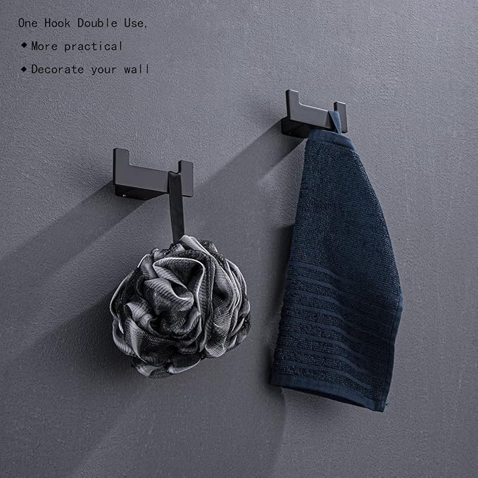 RANDOM Black Double Towel Hook SUS304 Stainless Steel Towel Hooks for Bathroom Wall Mounted Coat Hooks Heavy Duty Wall Hook Square Hand Towel Holder Matte Black Robe Hook.96009-8MB-2
