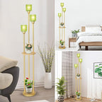 HMVPL Vintage Floor Lamp with Shelves, Gold Floor Lamp with Table, Mid Century Standing Lamp with Green Glass Shade, On/Off Switch, Boho Corner Lamp for Living Room, Brass Tall Lamp for Bedroom Office