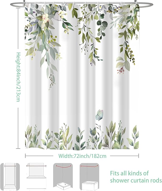 Eucalyptus Shower Curtain, Sage Green Watercolor Leaves with Floral Botanical Bathroom Decor, Waterproof Fabric Bath Curtain Set with Hooks, 72x84 Inches