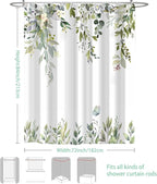 Eucalyptus Shower Curtain, Sage Green Watercolor Leaves with Floral Botanical Bathroom Decor, Waterproof Fabric Bath Curtain Set with Hooks, 72x84 Inches
