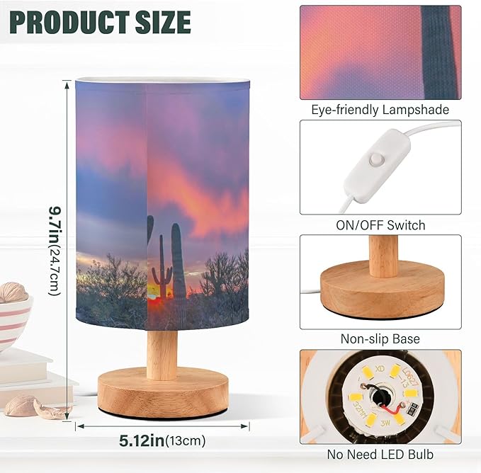 Table Lamp Saguaro Cactus in Sunset Arizona Desert Nightstand Lamp with Wood Base Fabric Lamp Shade Bedside Desk Lamp for Living Room Bedroom Kids Room Office
