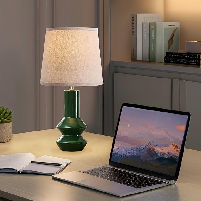 20" Green Ceramic Table Lamp Set of 2-3-Way Dimmable Nightstand Lamps with Pallid Shade for Bedroom Farmhouse Bedside Nightstand Bedside Lamp End Table Lamps (Dark Green)