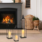 DARJEN 3 Pcs Black Metal Decorative Candle Lantern Set, 16'' 19'' 22'' Modern Lantern with 3 Flameless Candles for Indoor & Outdoor, Decorative Large Lanterns for Porch, Patio, Fireplace & Home Decor