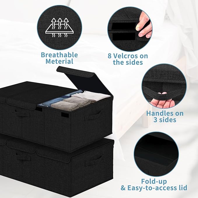 Deep Under Bed Storage Container, 10" Tall Height Underbed Box Bin with Lids 31" Long Large Basket for Under Bed, Bedroom, Dorms, Clothes, Bed sheets, Blankets, 2 Pack, Black