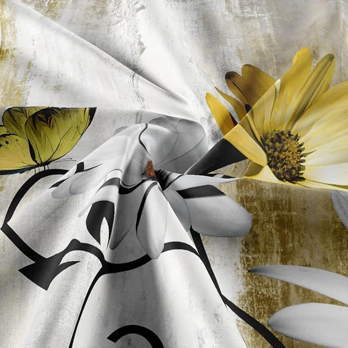 Rustic Farmhouse Shower Curtain, Farm Yellow Daisy Floral Flowers and Butterfly on Country Wooden Shower Curtain for Bathroom, Yellow Bathroom Shower Curtains with 12PCS Hooks, 60X70IN