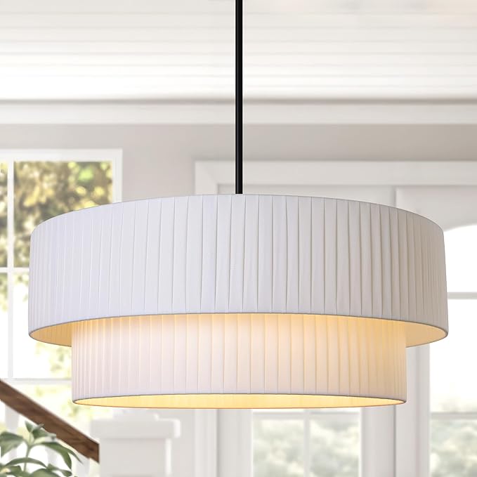 LamQee Modern Large Drum Chandelier, 2-Tire 23.6inch Ceiling Hanging Light Fixture 5-Light Black Semi Flush Mount Pendant Light for Dining Room Living Room Bedroom Kitchen Island
