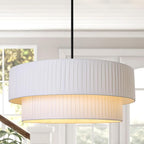 LamQee Modern Large Drum Chandelier, 2-Tire 23.6inch Ceiling Hanging Light Fixture 5-Light Black Semi Flush Mount Pendant Light for Dining Room Living Room Bedroom Kitchen Island