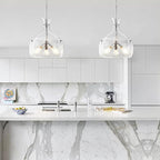 15.7" Industrial Glass Chandelier, 3-Light Large Farmhouse Chandelier, Brushed Nickel Hanging Pendant Light Fixture with Glass Shade for Dining Room Kitchen Sink Hallway Entryway