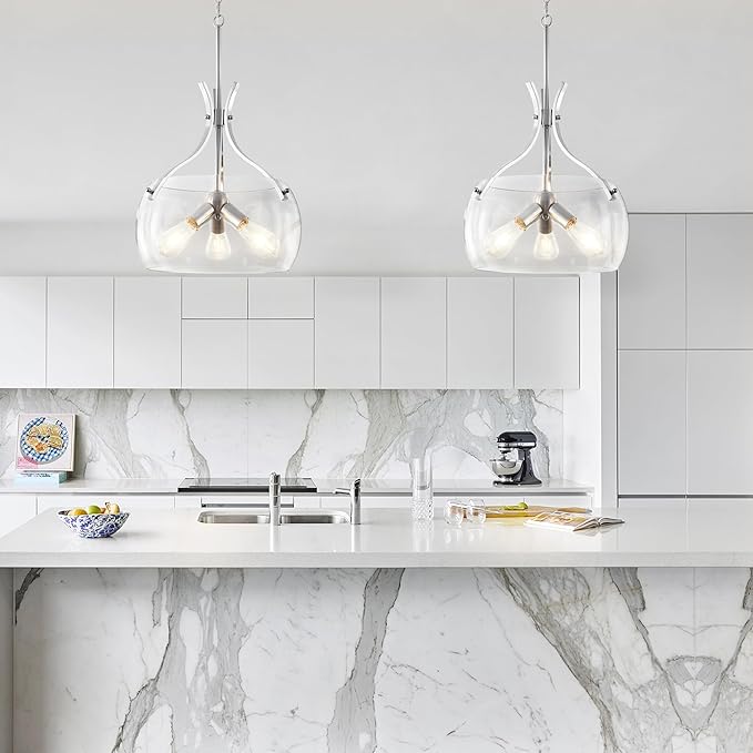 15.7" Industrial Glass Chandelier, 3-Light Large Farmhouse Chandelier, Brushed Nickel Hanging Pendant Light Fixture with Glass Shade for Dining Room Kitchen Sink Hallway Entryway
