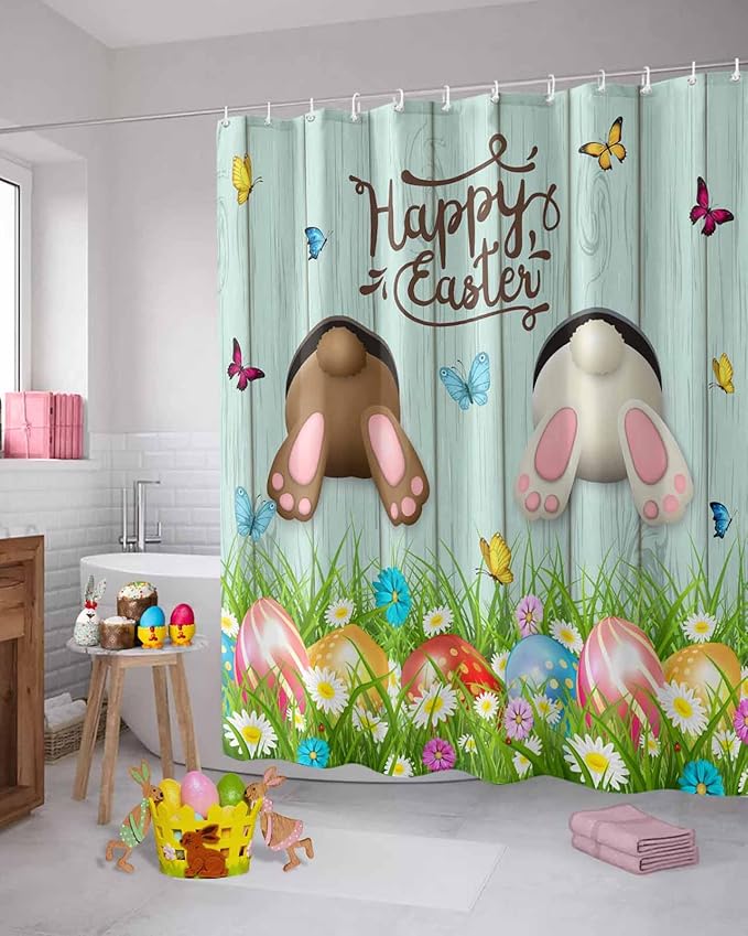 Vandarllin Spring Easter Shower Curtain, Funny Bunny Tails Rabbit Shower Curtains Set with Hooks, Floral Farmhouse Waterproof Fabric Bathroom Curtains Decor Home Accessories,Stall 36 X 72 Inch
