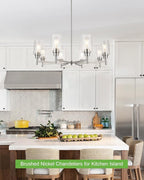 Brushed Nickel Chandeliers for Dining Room, Farmhouse Chandeliers Light Fixture with Clear Glass Shades 8 Light Dining Room Light Fixtures Pendant Lights for Kitchen Island Living Room